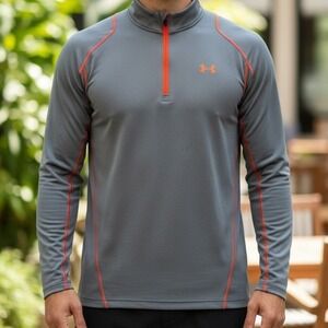 Under Armour ColdGear Mens XL Grey Orange Fitted Quarter Zip Pullover Athletic